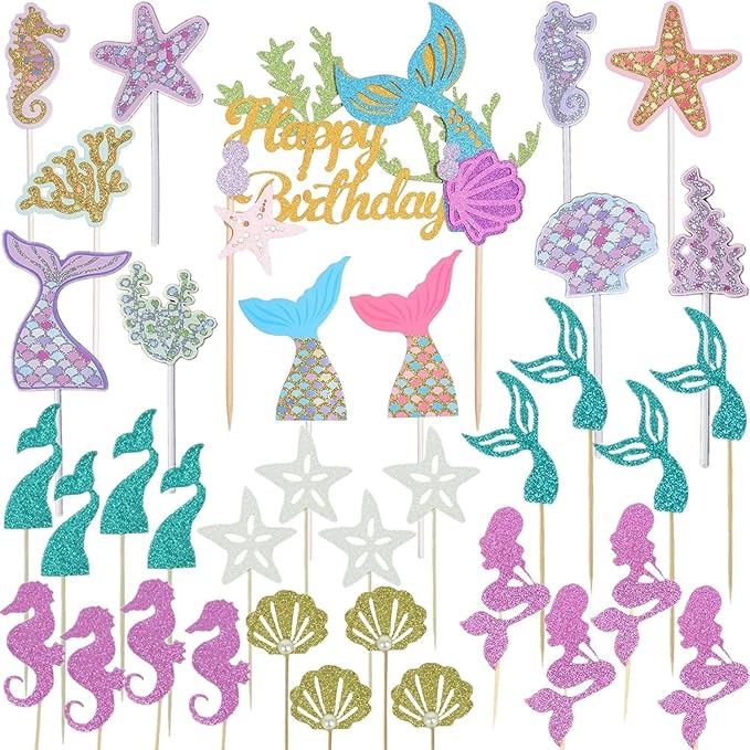 36 pcs Glitter Mermaid Cupcake Toppers Mermaid Cake Topper Under the Sea Beach Mermaids Tail Cake Decoration Birthday Party Supplies for Baby Shower Children's Day