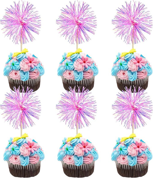 Gyufise 30Pcs Foil Firework Cupcake Toppers Sparkle Tinsel Cake Toppers Tinsel Drink Cake Decoration Cocktail Picks for Birthday Wedding Graduation Party Supplies Laser Rose Red