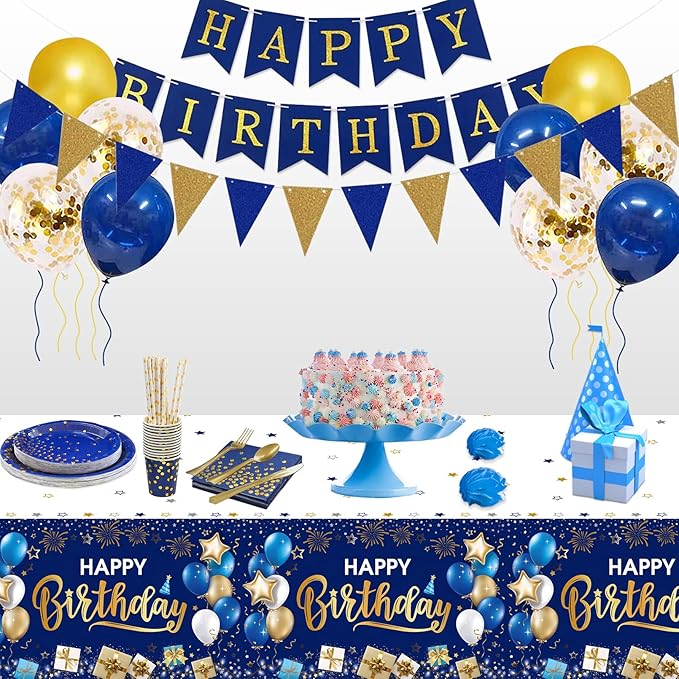 DUAIAI Happy Birthday Decorations, 3 Pcs Navy Blue and Gold Birthday Tablecloth for Boys Girls Men Women, Plastic Disposable Rectangle Table Cover for Birthday Party Supplies- 54" x 108"