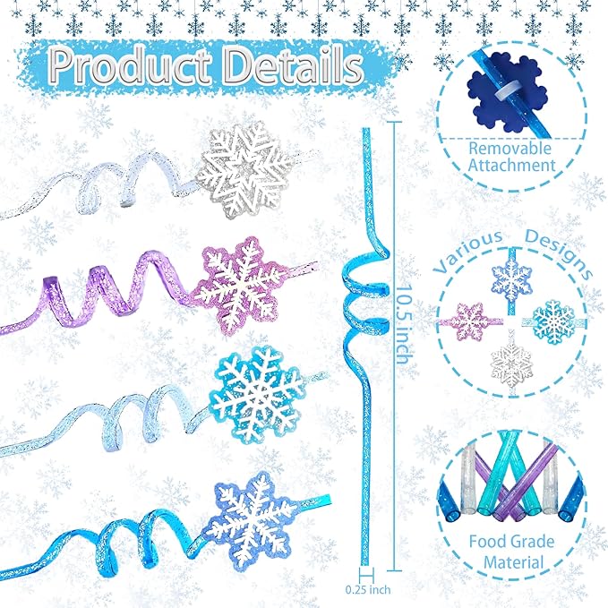 48PCS Pary Straws - 24 Christmas Straws and 24 Glitter Snowflake Straw for Party Favors Decors - Reusable Crazy Straw for Kids Winter Xmas Party Supplies, Plastic Drinking Straw for Kids New Year