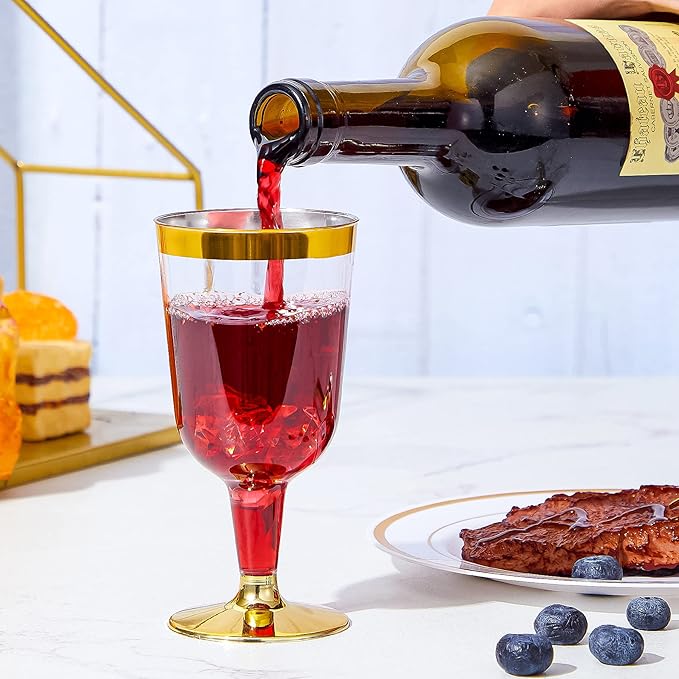 N9R 30PCS Plastic Wine Glasses with Gold Rim, 6 Oz Plastic Wine glasses with Stem, Disposable Wine Cups Reusable Suitable for Party Wedding Birthday