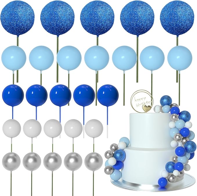 ASTARON 50 Pcs Ball Cake Topper Sticks Mini Balloons for Decorating Supplies Foam Balls Cake Toppers for Baby Shower, Birthday - Blue Series