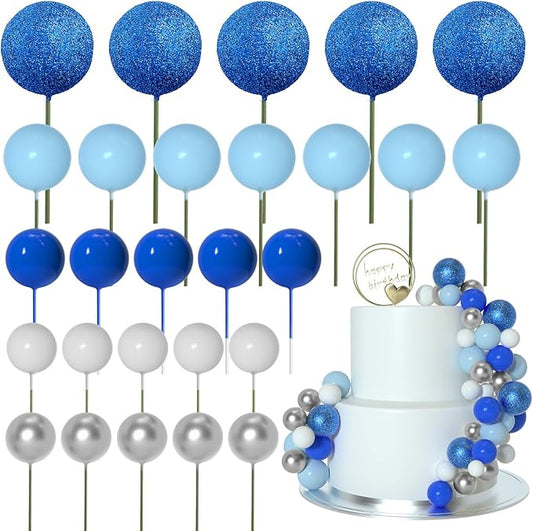ASTARON 50 Pcs Ball Cake Topper Sticks Mini Balloons for Decorating Supplies Foam Balls Cake Toppers for Baby Shower, Birthday - Blue Series