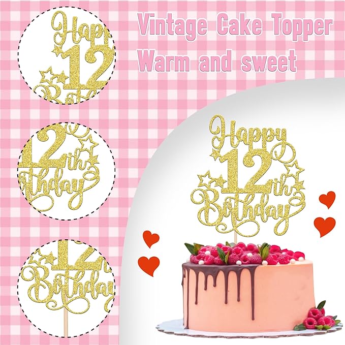 1 PCS Happy 12th Birthday Cake Topper Glitter Cheers to 12 Years Birthday Cake Pick Hello 12 Fabulous Cake Decoration for Happy 12th Birthday Anniversary Party Decorations Supplies Gold