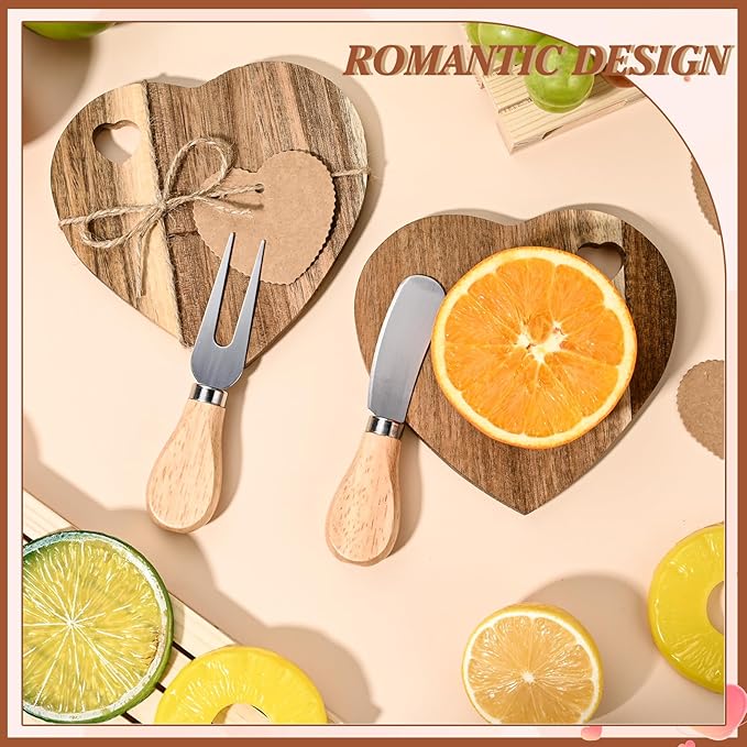 6 Set Heart Shaped Charcuterie Board Wood Mini Charcuterie Board With Cheese Knives Fork Set Bridal Shower Favors for Guest Bridal Baby Shower Prize Wedding Birthday Valentines Day