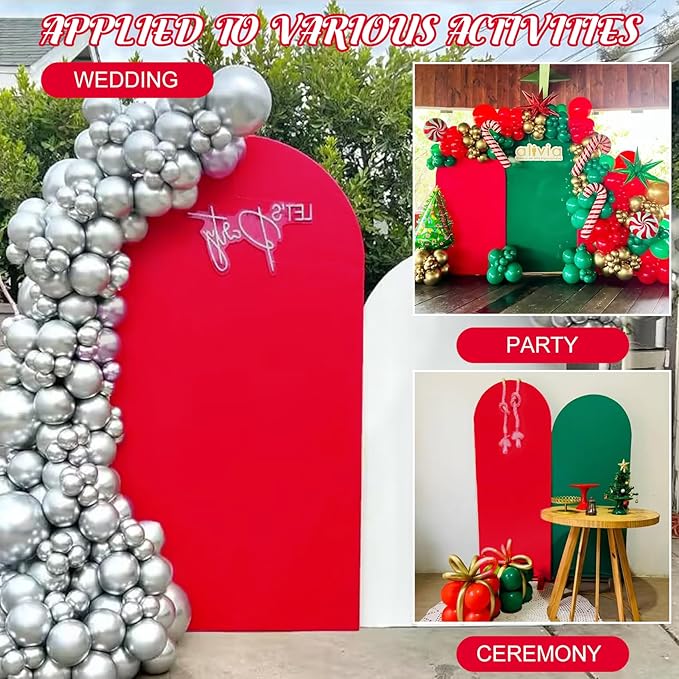 Metal Arch Stand and Cover Set,1 Red Spandex Fitted Backdrop with 1 Gold Wedding Arched Stand Frame for Parties Birthday Baby Shower Bridal Banquet Decoration (6FT)