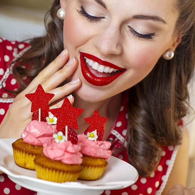 30 PCS Star Cupcake Toppers Glitter Mixed Size Twinkle Little Star Cupcake Picks Decorations for Wedding Anniversary Baby Shower Birthday Party Supplies Red