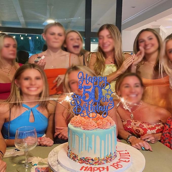 1 PCS Happy 50th Birthday Cake Topper Glitter Cheers to 50 Years Birthday Cake Pick Hello 50 Fabulous Cake Decoration for Happy 50th Birthday Anniversary Party Decorations Supplies Blue