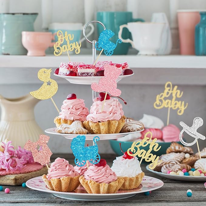 Gyufise 36Pcs Baby Shower Cupcake Toppers Glitter Oh Baby Cupcake Picks Bear Pacifier Baby Carriage Gender Reveal Cake Decorations for Baby Shower Kids Birthday Party Supplies Colorful