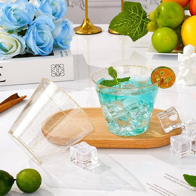 50PCS 9oz Glitter Plastic Cups for Party, Disposable Gold Cups, Plastic Cocktail Glasses for Wedding Thanksgiving, Christmas, and Parties