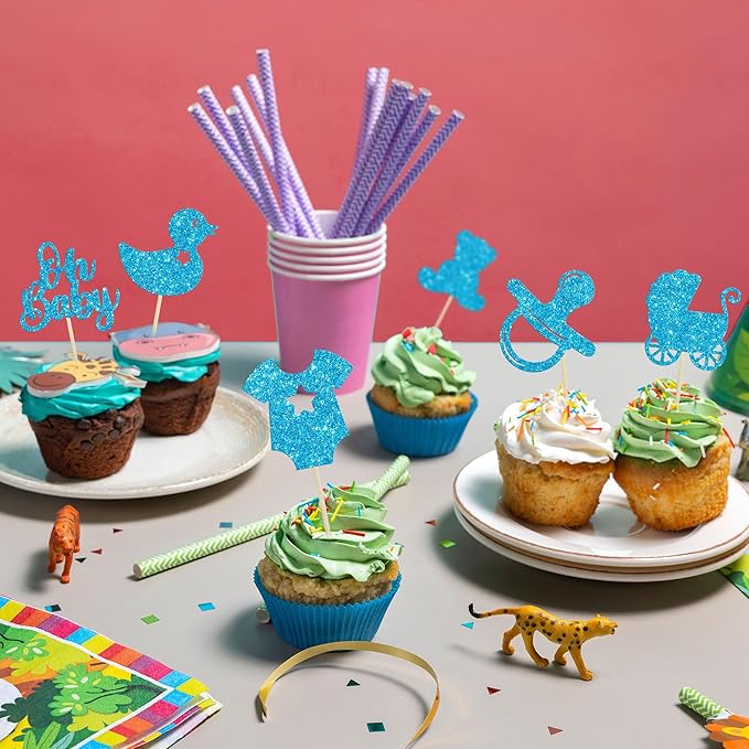 Gyufise 36Pcs Oh Baby Cupcake Toppers Glitter Bear Pacifier Baby Carriage Cupcake Picks Baby Shower Cake Decorations for Gender Reveal Baby Shower Birthday Party Supplies Blue