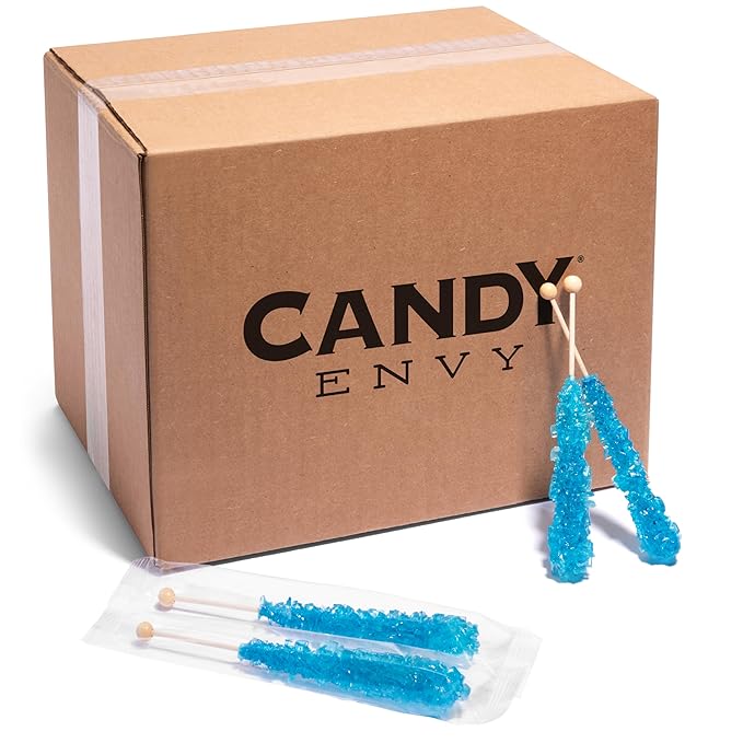 Blue Rock Candy Sugar Sticks - Blue Raspberry Flavored - 144 Individually Wrapped Candy Party Favors