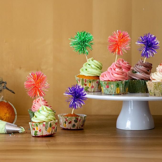 Gyufise 30Pcs Foil Firework Cupcake Toppers Sparkle Tinsel Cake Toppers Tinsel Drink Cake Decoration Cocktail Picks for Halloween Birthday Wedding Graduation Party Supplies Purple Green Orange