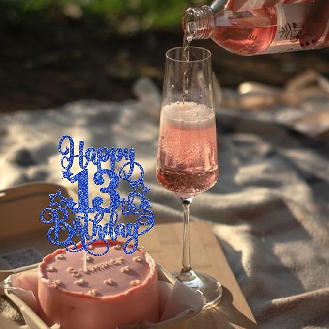 1 PCS Happy 13th Birthday Cake Topper Glitter Cheers to 13 Years Birthday Cake Pick Hello 13 Fabulous Cake Decoration for Happy 13th Birthday Anniversary Party Decorations Supplies Blue