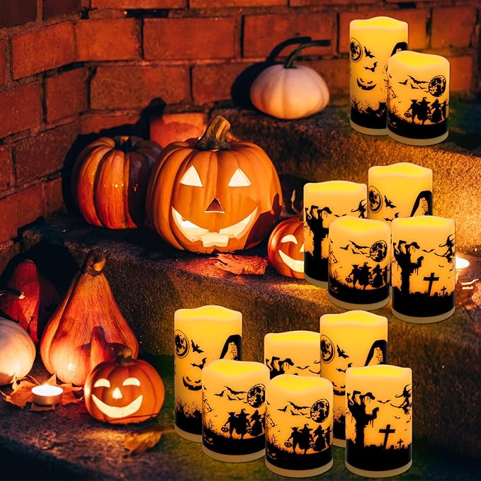 12-Pack Waterproof Flameless LED Candles - Remote Control & Timer, Dimmable Flickering for Halloween Decor Indoor/Outdoor, Haunted House, Party, Graveyard