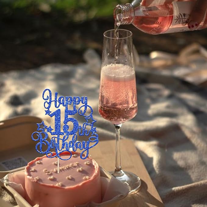 1 PCS Happy 15th Birthday Cake Topper Glitter Cheers to 15 Years Birthday Cake Pick Hello 15 Fabulous Cake Decoration for Happy 15th Birthday Anniversary Party Decorations Supplies Blue