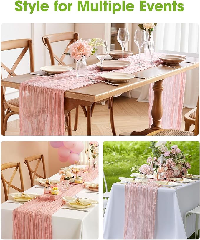 Pureegg 2-Pack Cheese Cloths Table Runner, 120'' Boho Table Cloth Decorations for Party, Baby Shower, Wedding and Farmhouse, Fabric Room Decor, Dusty Pink