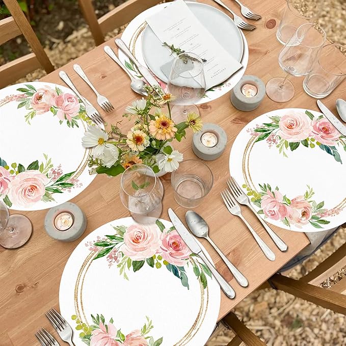 50 Pack Paper Placemats Disposable Pink Floral Wedding Disposable Placemats 13.7 Inch Rose Floral Round Place Mats Spring Summer Table Mats for Birthday Wedding Anniversary Bride Party Supplies