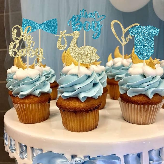 Gyufise 36 Pack Oh Baby Cupcake Toppers Assembled It's a Boy Cupcake Toppers with Tie Onesie Love Heart Glitter Cake Picks Decorations for Baby Shower Boy Birthday Party Supplies