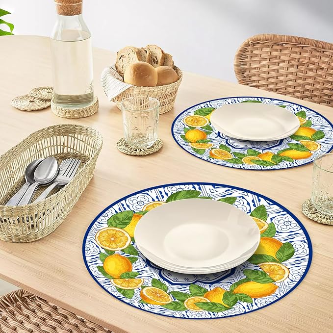 50 Pack Lemon Paper Placemats Disposable 50 Pack 13.7 Inch Cyan Blue Tiles Lemon Fruit Round Place Mats Summer Table Mats for Kitchen Dining Party Decoration