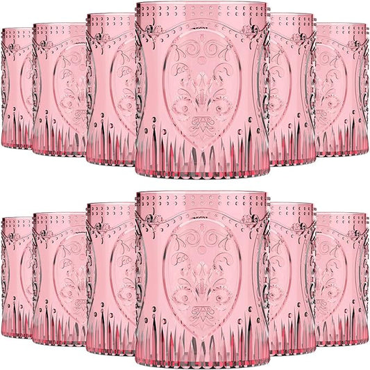 12 Plastic Vintage Drinking Glasses 8.5oz Stemless Retro Embossed Wine Glasses Shatterproof Reusable Cups for Baby Shower Wedding Reception Grand Event Party (Pink)