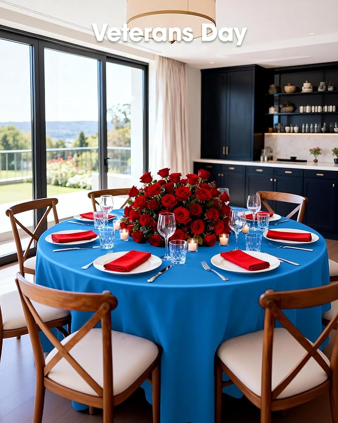 Pureegg Plastic Table Cloth Disposable 6 Pack, 84'' Round Table Cloths, Graduation, Patriotic Decorations, Thanksgiving, Veterans Day Tablecloths, Round, Plastic Cover, Waterproof, Blue