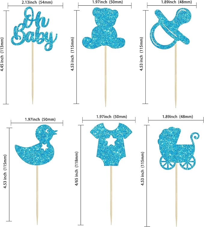 Gyufise 36Pcs Oh Baby Cupcake Toppers Glitter Bear Pacifier Baby Carriage Cupcake Picks Baby Shower Cake Decorations for Gender Reveal Baby Shower Birthday Party Supplies Blue