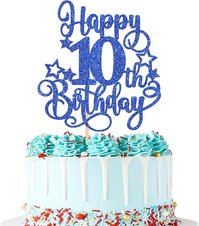 1 PCS Happy 10th Birthday Cake Topper Glitter Cheers to 10 Years Birthday Cake Pick Hello 10 Fabulous Cake Decoration for Happy 10th Birthday Anniversary Party Decorations Supplies Blue