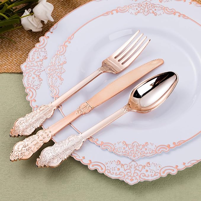 100 Pack Rose Gold Plastic Silverware with Pre Rolled Napkins for 100 Guests, Heavyweight Rose Gold Disposable Utensils Sets Includes 300 Plastic Cutlery, 100 Napkins for Party & Wedding