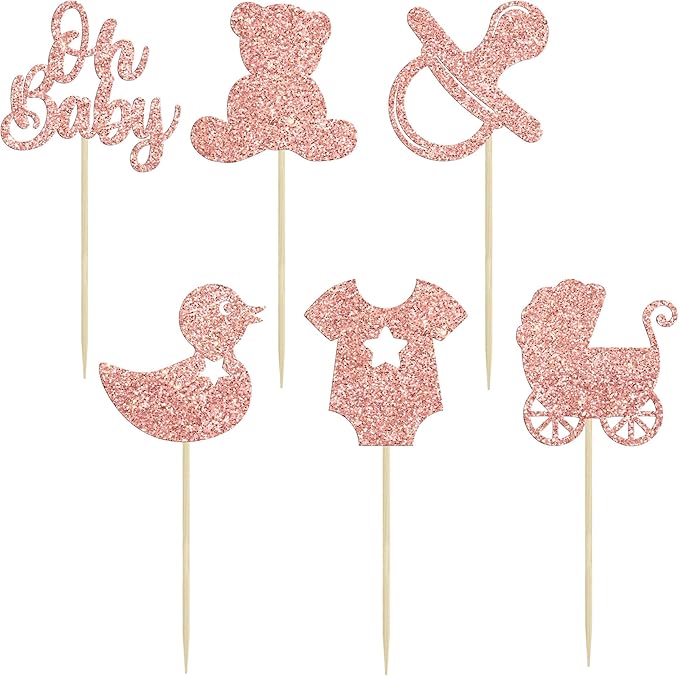 Gyufise 36Pcs Baby Shower Cupcake Toppers Glitter Pacifier Baby Carriage Bear Oh Baby Cupcake Picks for Gender Reveal Baby Shower Kids Birthday Party Supplies Rose Gold