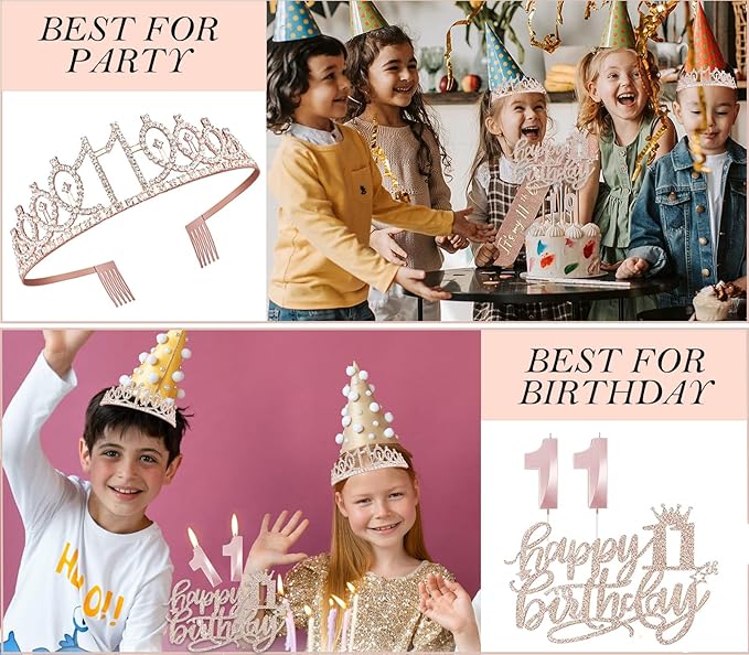 11th Birthday Decorations for Girls, 11th Birthday Sash and Crown, Cake Topper, Number Candles and Balloons, 11 Year Old Gifts for Girls
