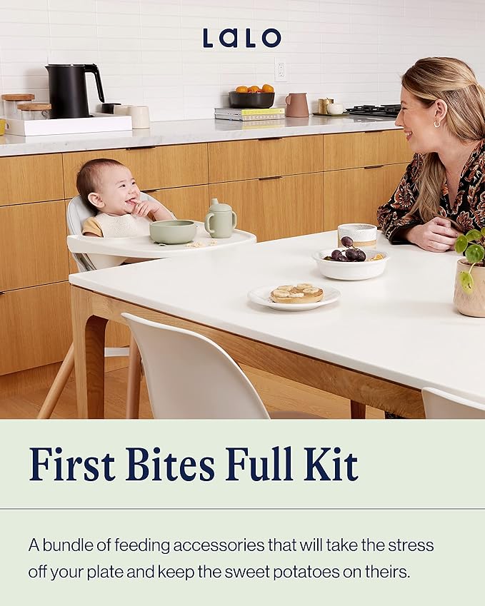 Lalo First Bites Silicone Baby Feeding Set - Baby Led Weaning Supplies - Non-Toxic Silicone - Includes 1 Bib, 2 Spoons, Training Cup, Suction Plate and Bowl - 6 Pieces - Lavender