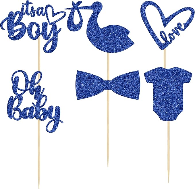 Gyufise 36 Pack Oh Baby Cupcake Toppers It's a Boy Cupcake Toppers with Tie Onesie Love Heart Deep Blue Glitter Babyshower Cake Picks Decorations for Baby Shower Boy Birthday Party Supplies