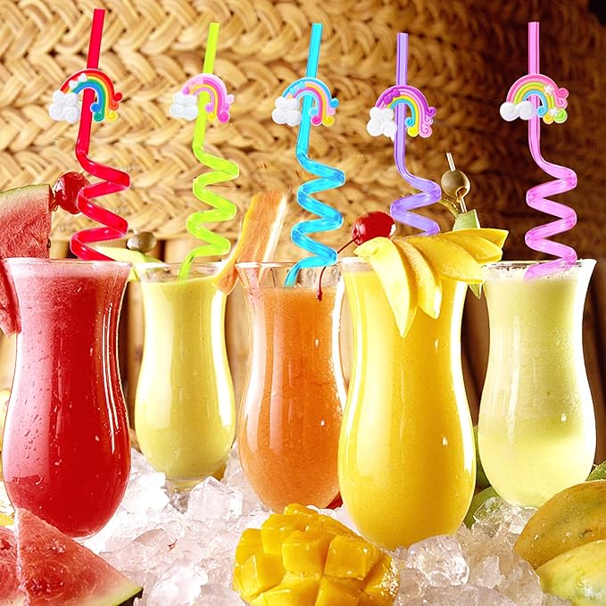25 Reusable Colorful Rainbow Drinking Straws - Fun Rainbow Cloud Birthday Party Favors for Kids