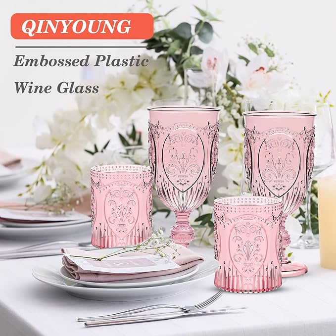 48 Plastic Vintage Drinking Glasses 8.5oz Stemless Retro Embossed Wine Glasses Shatterproof Reusable Cups for Baby Shower Wedding Reception Grand Event Party (Pink)