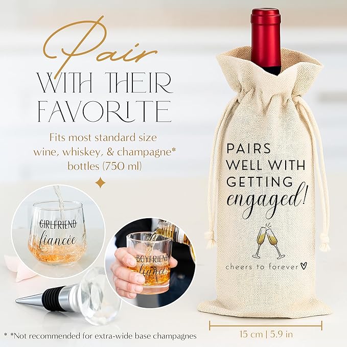 Engagement Gifts for Couples – Mr & Mrs Gift Set for Him & Her – Whiskey and Wine Glasses with Diamond Wine Stopper, Wine Bag – Newly Engaged Present for Fiance