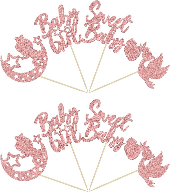 24Pcs Sweet Baby Girl Cupcake Toppers Rose Gold Glitter Moon Star Baby Shower Cupcake Picks Decorations for Gender Reveal Baby Shower Kids Girls Birthday Party Supplies