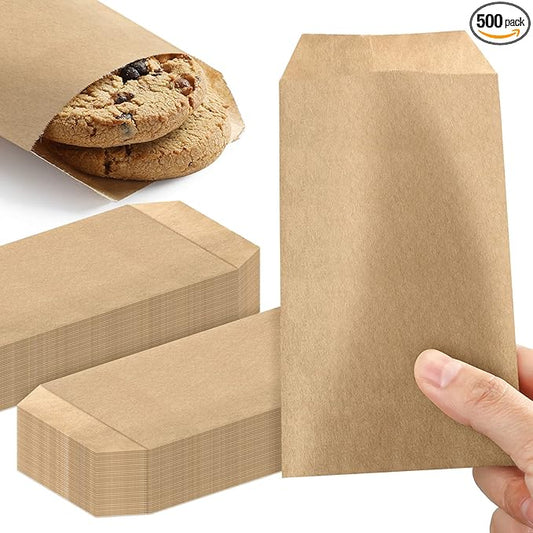 Eersida 500 Pcs Kraft Paper Treat Bags Mini Paper Small Flat Favor Silverware Party Favor Envelopes Merchandise Bags for Snack Cookie Popcorn Candy Sandwich Gift (3 x 5 Inch)