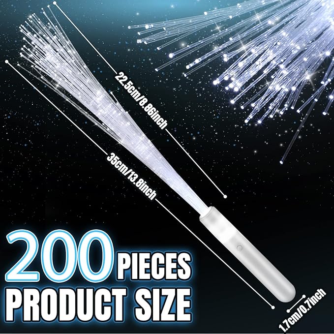 200 Pieces Fiber Optic Wand Bulk 13.8 Inch White Glow Stick Wedding Fiber Optic Stick with 3 Light Modes LED Light up Wand Flashing for Bridal Shower Glow in The Dark Party Favors