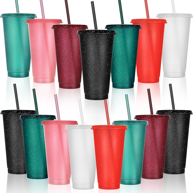 Honeydak 15 Pack Tumbler with Straw and Lid Bulk Glitter Plastic Cups Water Bottle Iced Coffee Travel Mug Reusable Party Favor Cups for Birthdays travel 24-27 oz (Bright Colors)