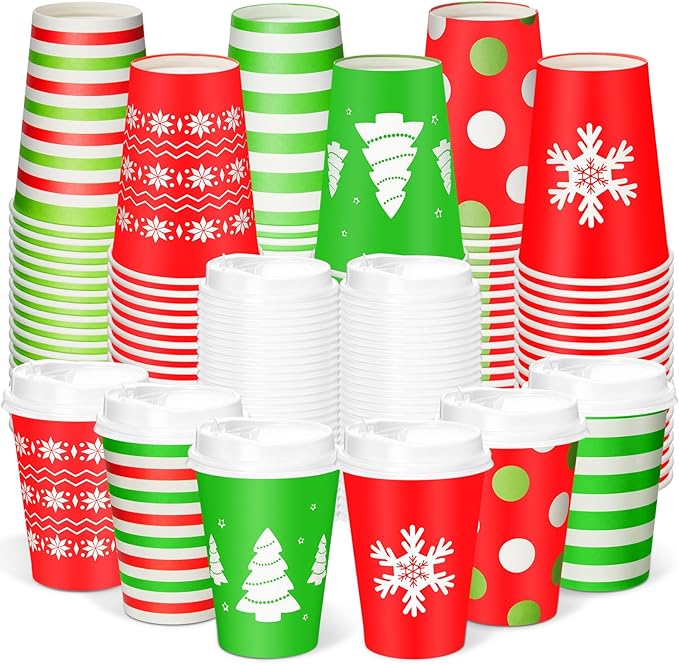 Yungyan 120 Sets Christmas Disposable Coffee Cups with Lids 12 oz Snowflake Paper Cups Xmas Hot Cocoa To-go Coffee Mug for Hot Cold Drinks Chocolate Tea Beverage Christmas Party Supplies