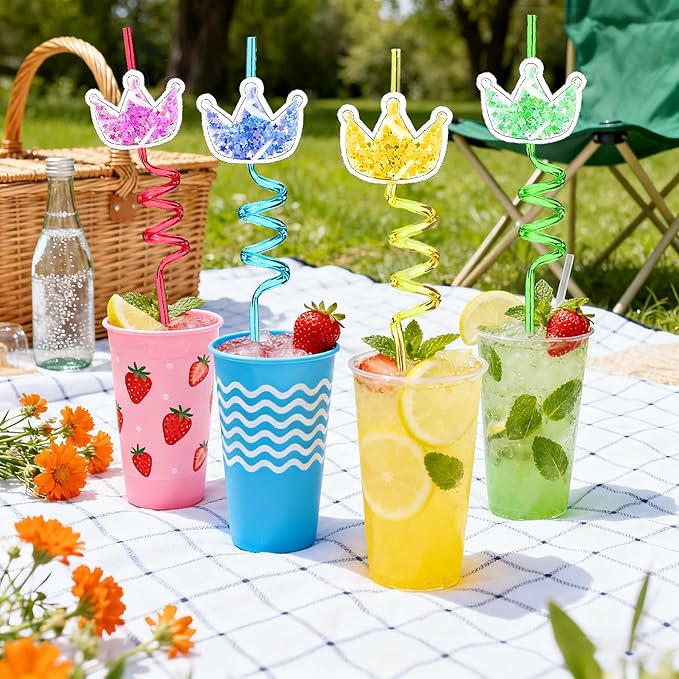 LEDUO 24Pcs Glitter Princess Party Favors-Reusable Crown Drinking Straws - Birthday Party Supplies-Boys Girls Party Decorations-Princess Theme Birthday Party Crazy Silly Straw with 2 Cleaning Brushes