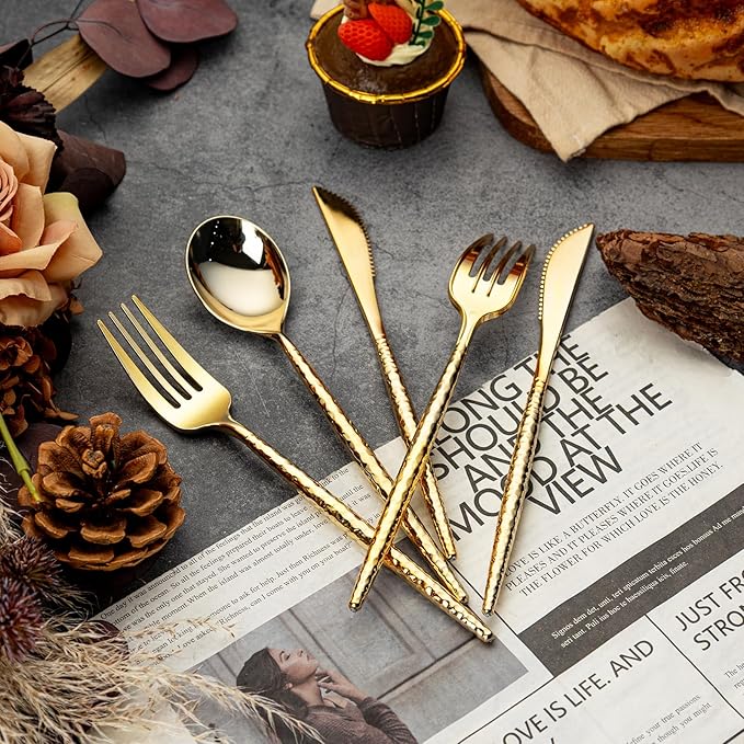 SUT 150 PCS Gold Plastic Silverware, Gold Disponsable Utensils, Plastic Silverware Heavy Duty, Includes 50 Knives, Forks and Spoons, Hammered Disponsable Cutlery for Wedding, Birthday, Party