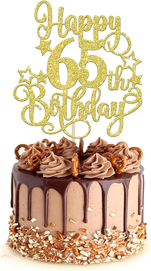 1 PCS Happy 65th Birthday Cake Topper Glitter Cheers to 65 Years Birthday Cake Pick Hello 65 Fabulous Cake Decoration for Happy 65th Birthday Anniversary Party Decorations Supplies Gold