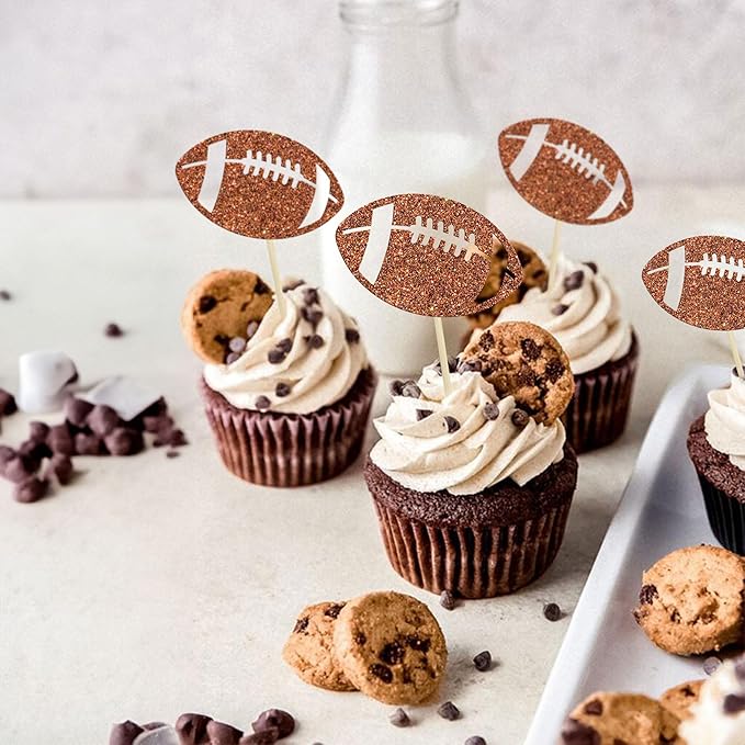 24Pcs Rugby Football Cupcake Toppers Rugby Ball Cupcake Picks Sports Ball Theme Cake Decoration for Rugby Super Baby Shower Kids Birthday Party Decorations Supplies