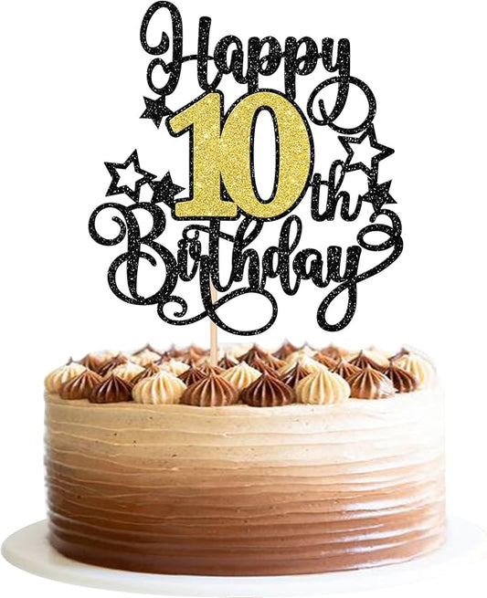 1 PCS Happy 10th Birthday Cake Topper Black Gold Glitter Cheers to 10 Years Birthday Cake Pick Hello 10 Fabulous Cake Decoration for Happy 10th Birthday Anniversary Party Decorations Supplies