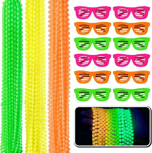 Glow in the Dark Beads Necklaces Glow Party Supplies, 33" Yellow Green Orange UV Black Light Necklaces for Glow Party Favors Night Accessories, Halloween Birthday Party Decorations
