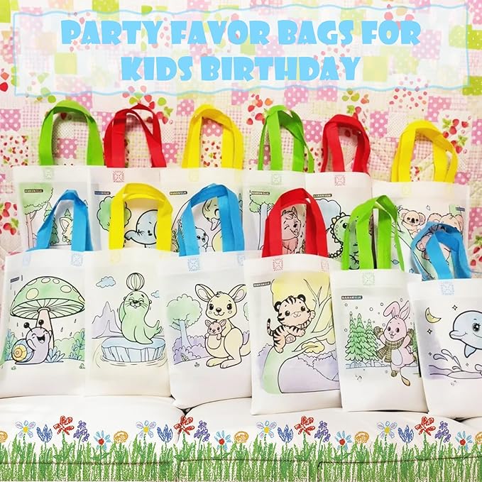 HahaMagic 12 Coloring Goodie Bags with 12 Crayons(12-in-1), Reusable Art Party Favors for Kids Classroom, Birthday Party, Craft Supplies, Mini Tote Bags and Goodie Bags Stuffers for Kids