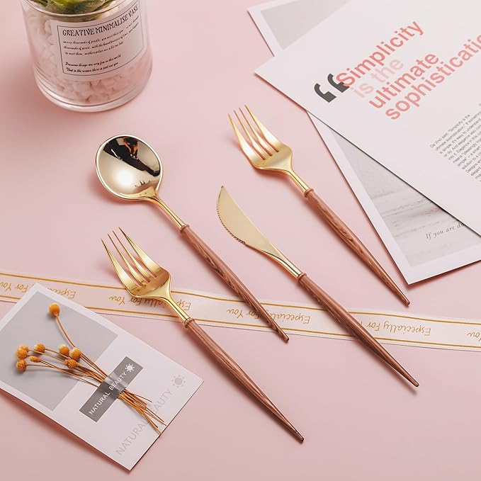 Lullaby 240PCS Gold Plastic Silverware, Gold Disposable Cutlery with Wood Grain Handle Include 80 Forks, 80 Spoons, 80 Knives, Elegant Disposable Silverware for Wedding, Party, Gathering, Daily Use