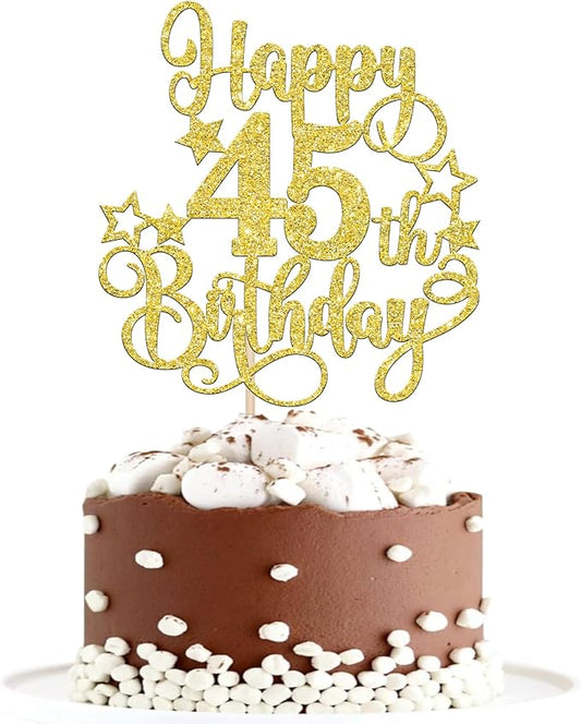 1 PCS Happy 45th Birthday Cake Topper Glitter Cheers to 45 Years Birthday Cake Pick Hello 45 Fabulous Cake Decoration for Happy 45th Birthday Anniversary Party Decorations Supplies Gold